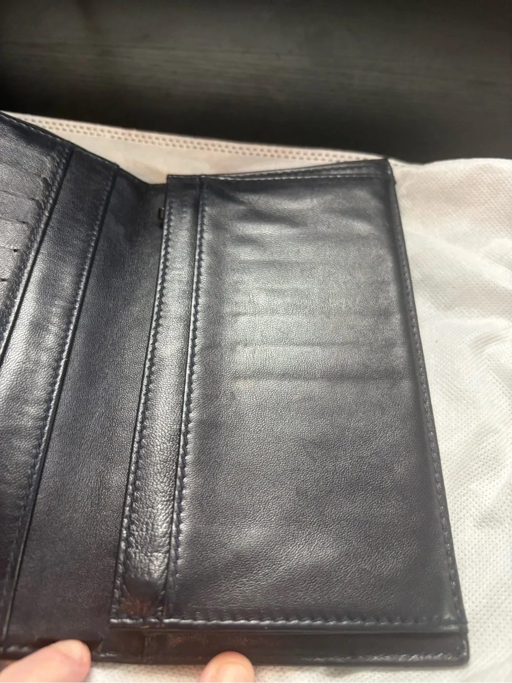 Authentic Chanel Vintage Dark Navy Lambskin Chocolate Bar Folding Long Wallet